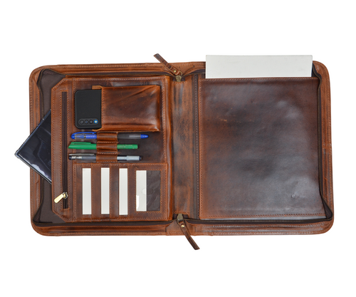 Executive Organizer Leather Zipper Portfolio Padfolios (Brown)