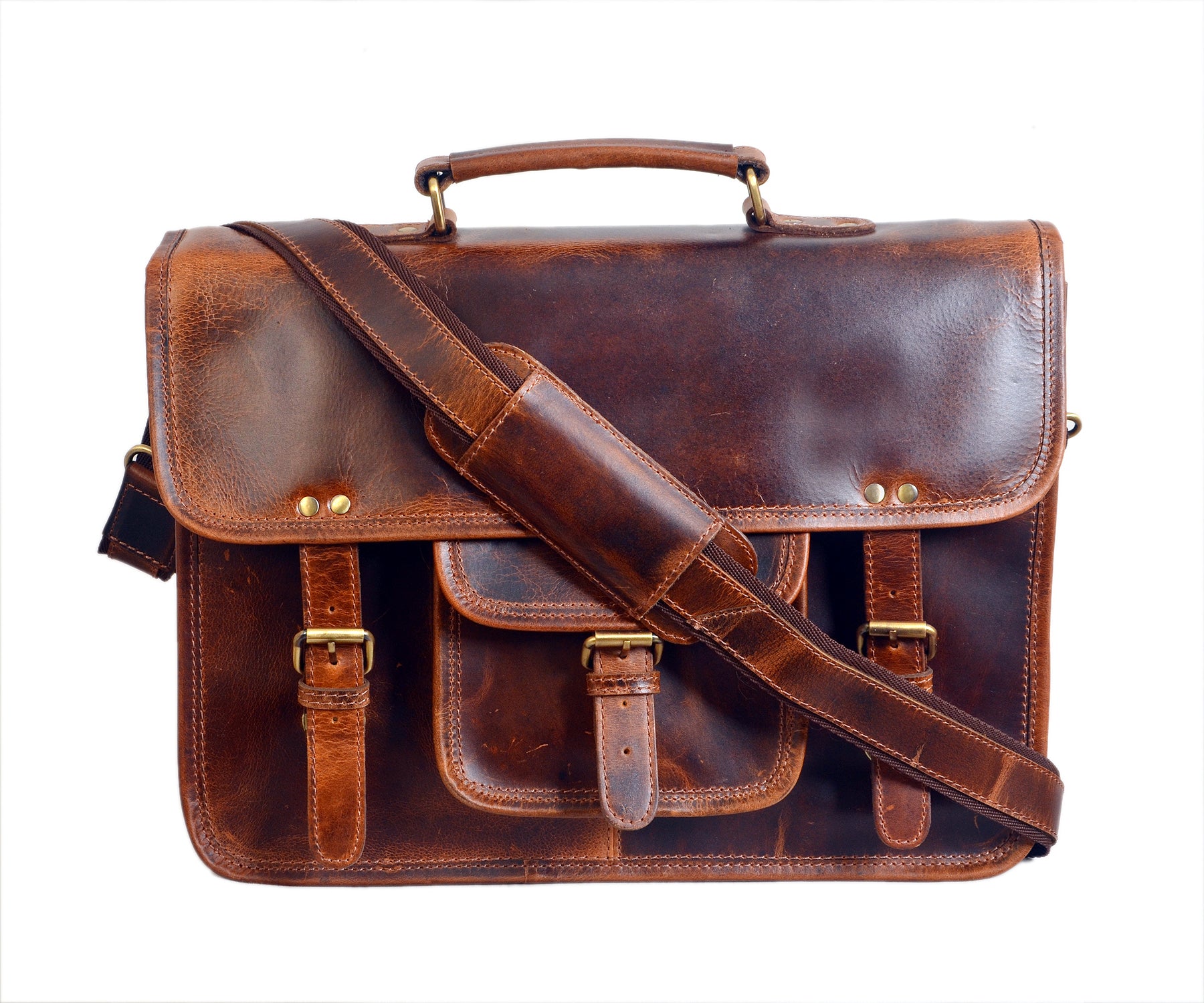 Leather Messenger Briefcase Bag (Walnut Brown)