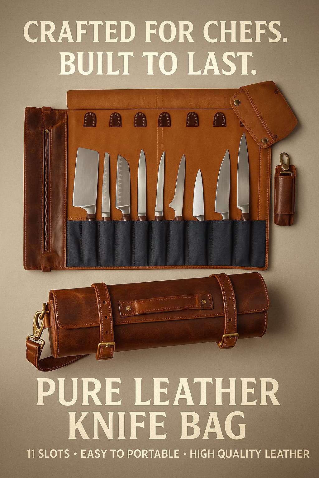 Leather Chef Knife Roll (Brown)