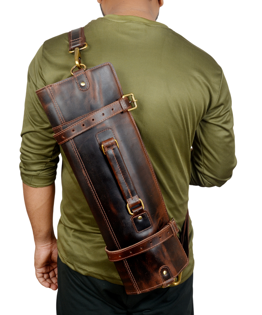 Handmade Genuine Leather Knife Roll for Chefs (Dark Brown)