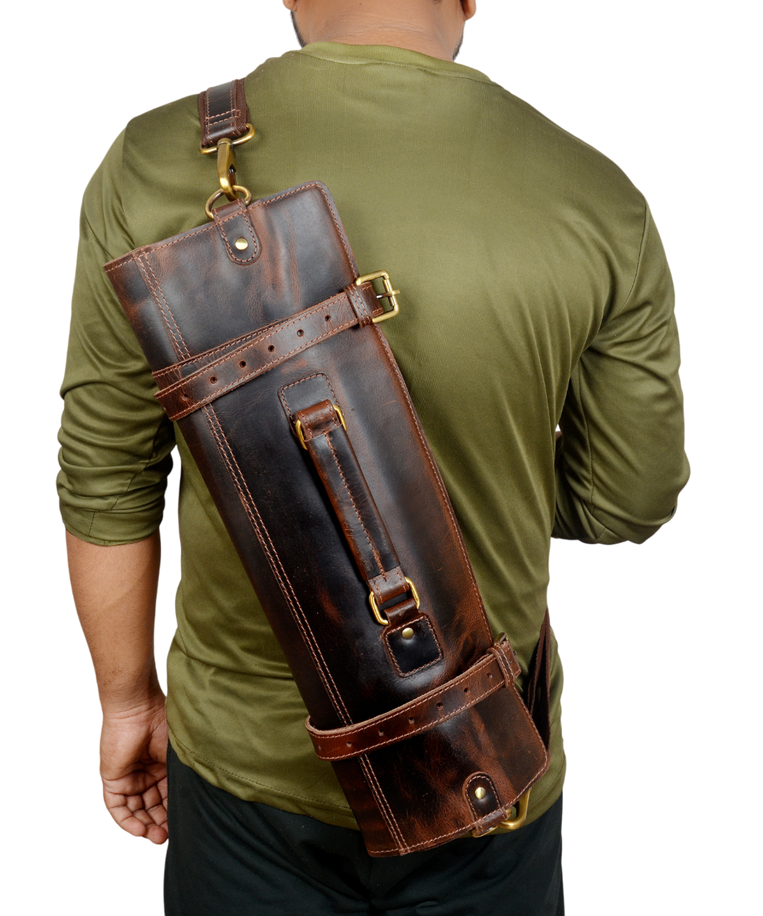 Handmade Genuine Leather Knife Roll for Chefs (Dark Brown)