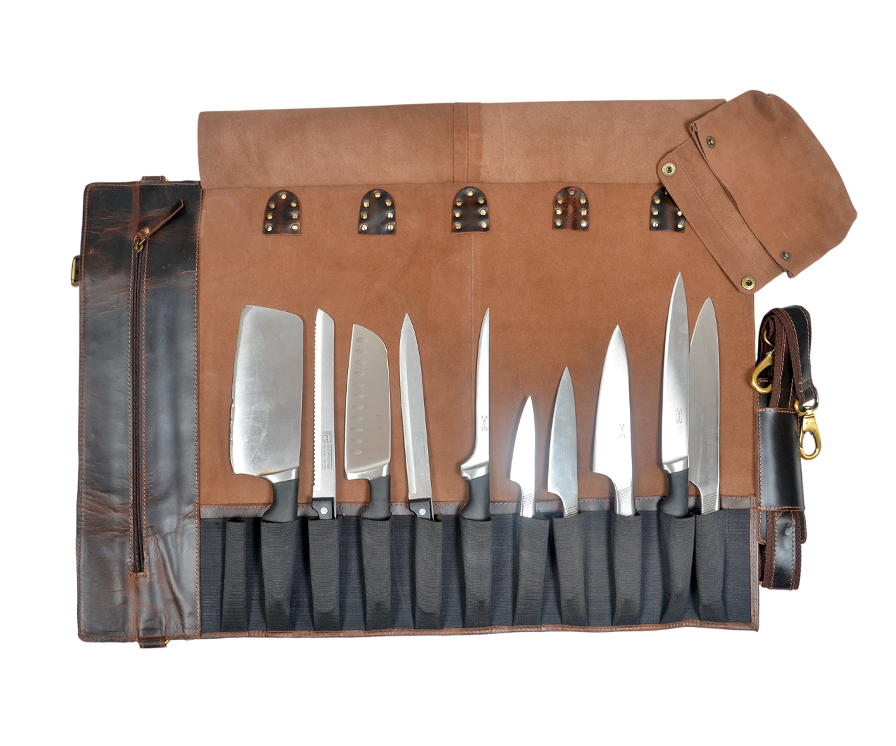 Handmade Genuine Leather Knife Roll for Chefs (Dark Brown)